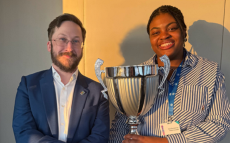 David Marshall (left), chief information security officer at Sellafield Ltd with the winner of the Cyber Leaders Challenge.